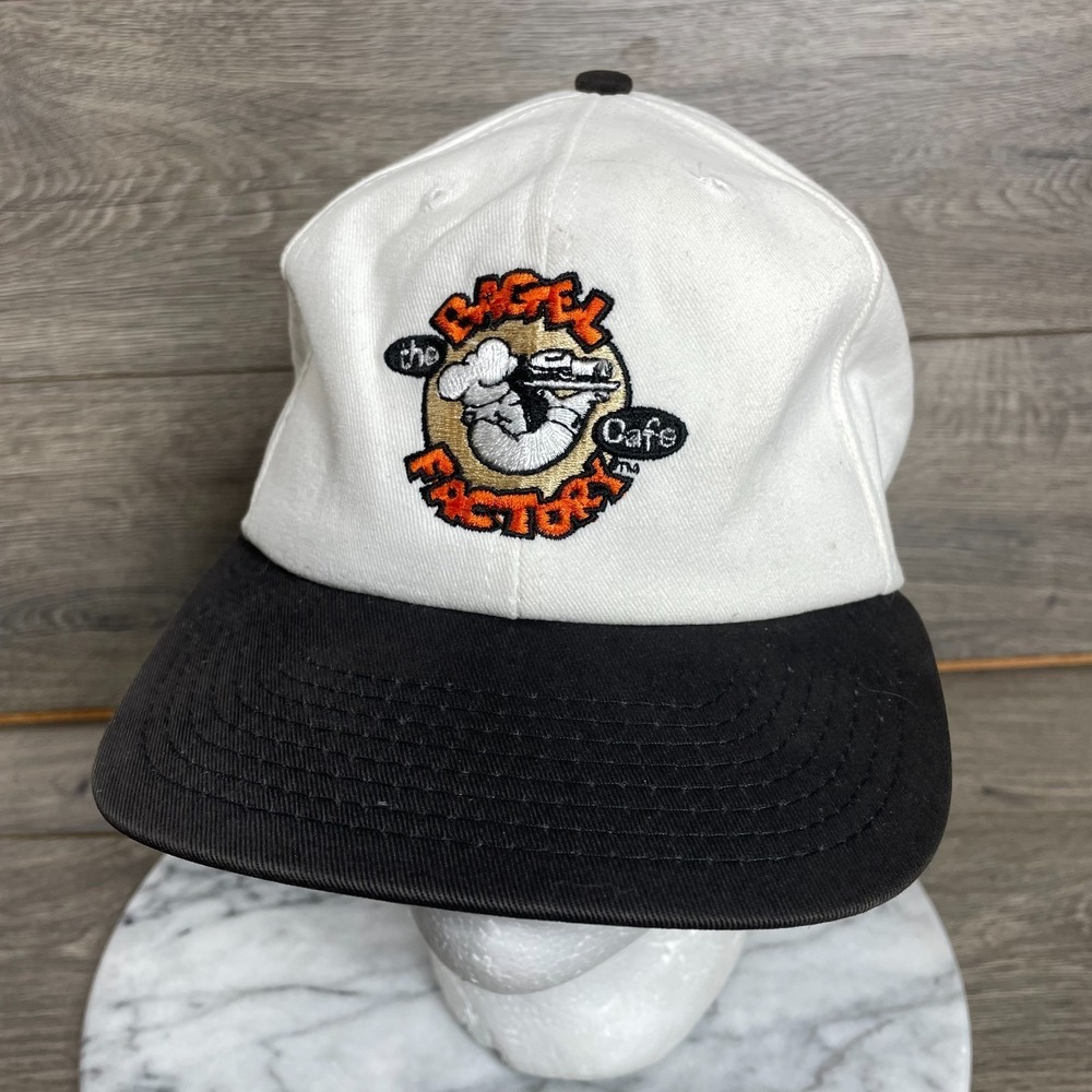Vintage The Bagel Factory Cafe Shop Hat Cap Black White Snapback USA‎ Made 90s